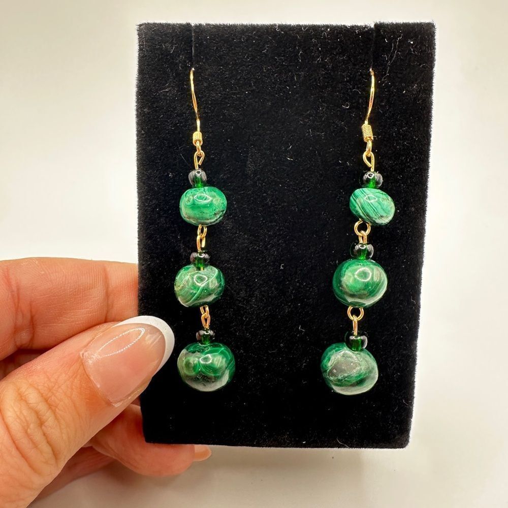 2.5" malachite and glass seed bead dangle earrings with gold over 925 hooks!